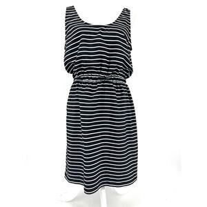 Ann Taylor Loft Summer Sleeveless Short Belted Striped Mini Dress (M) Lined Navy